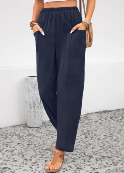 Navy Pocket Elastic Waist High Waisted Pants -LICA Clothing Shop 343708 P 16958790153042