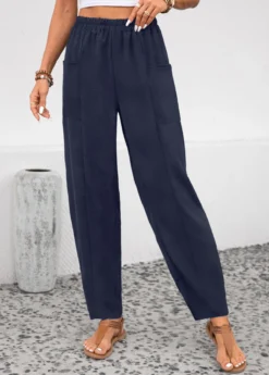 Navy Pocket Elastic Waist High Waisted Pants