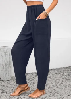 Navy Pocket Elastic Waist High Waisted Pants -LICA Clothing Shop 343708 P 16958790159863