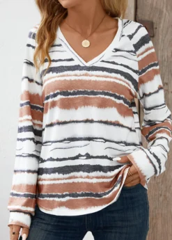 White Patchwork Striped Long Sleeve V Neck T Shirt