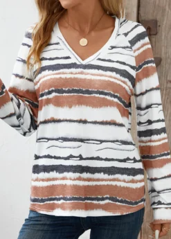 White Patchwork Striped Long Sleeve V Neck T Shirt -LICA Clothing Shop 344032 P 16984064338582