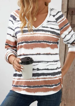 White Patchwork Striped Long Sleeve V Neck T Shirt -LICA Clothing Shop 344032 P 16984064338693