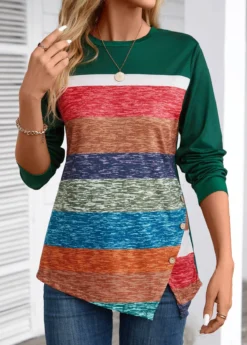 Blackish Green Patchwork Striped Long Sleeve T Shirt -LICA Clothing Shop 344034 P 16983145736700