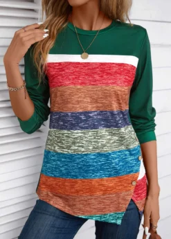 Blackish Green Patchwork Striped Long Sleeve T Shirt