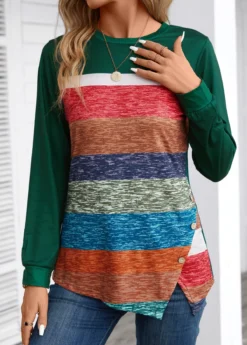 Blackish Green Patchwork Striped Long Sleeve T Shirt -LICA Clothing Shop 344034 P 16983145738543