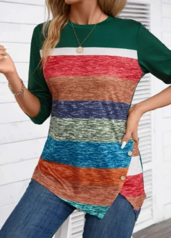 Blackish Green Patchwork Striped Long Sleeve T Shirt -LICA Clothing Shop 344034 P 16983145739182