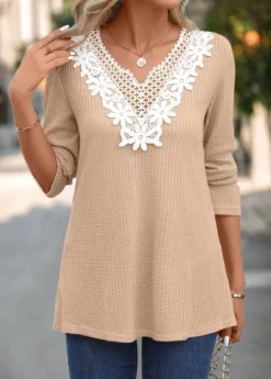 Light Camel Patchwork Long Sleeve Split Neck T Shirt 7 Light Camel Patchwork Long Sleeve Split Neck T Shirt -LICA Clothing Shop 344750 P 16990085163982