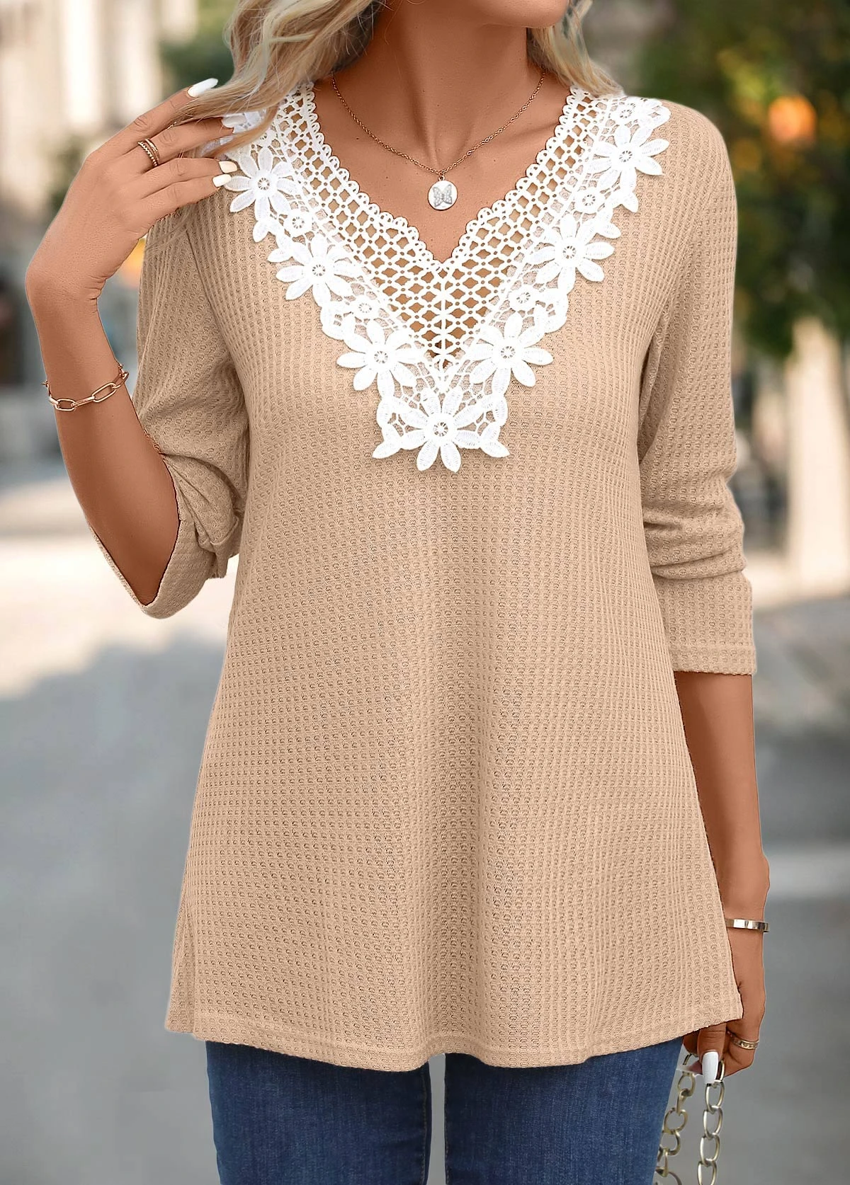 Light Camel Patchwork Long Sleeve Split Neck T Shirt 3 Light Camel Patchwork Long Sleeve Split Neck T Shirt - Image 3