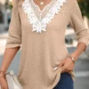 Light Camel Patchwork Long Sleeve Split Neck T Shirt