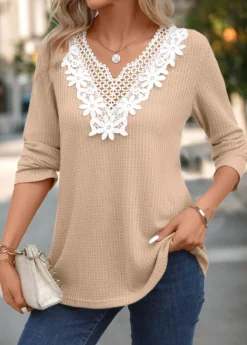 Light Camel Patchwork Long Sleeve Split Neck T Shirt