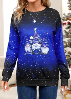 Purplish Blue Santa Claus Print Long Sleeve T Shirt -LICA Clothing Shop 345115 P 16990085017013