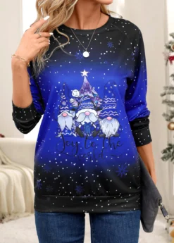 Purplish Blue Santa Claus Print Long Sleeve T Shirt -LICA Clothing Shop 345115 P 16990085018865