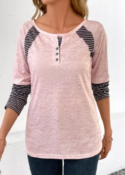 Light Pink Button Striped Long Sleeve T Shirt