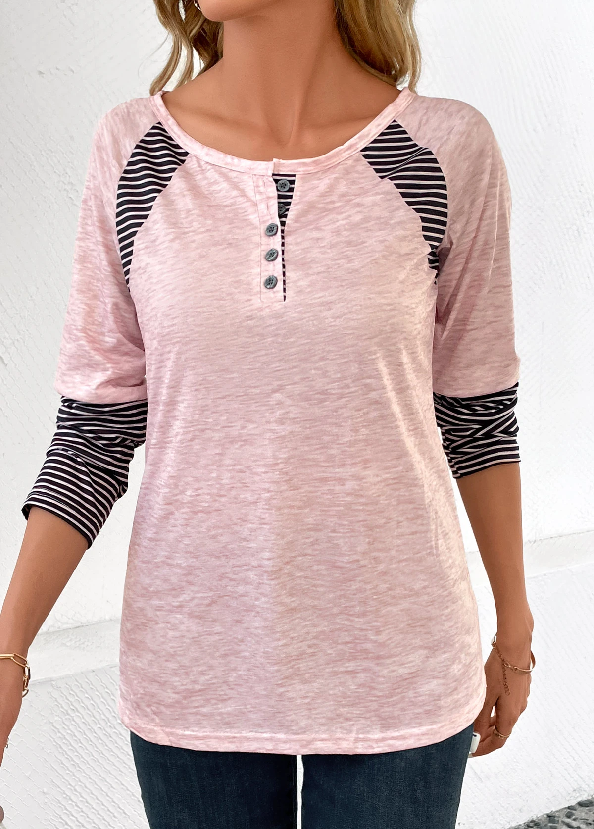 Light Pink Button Striped Long Sleeve T Shirt 1 Light Pink Button Striped Long Sleeve T Shirt