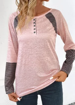 Light Pink Button Striped Long Sleeve T Shirt 7 Light Pink Button Striped Long Sleeve T Shirt -LICA Clothing Shop 345118 P 16989205085292