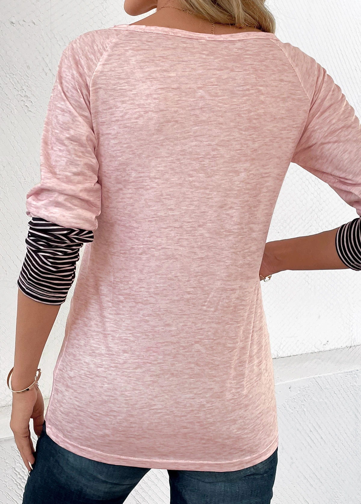 Light Pink Button Striped Long Sleeve T Shirt 2 Light Pink Button Striped Long Sleeve T Shirt - Image 2