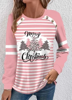 Pink Button Christmas Tree Print Long Sleeve T Shirt
