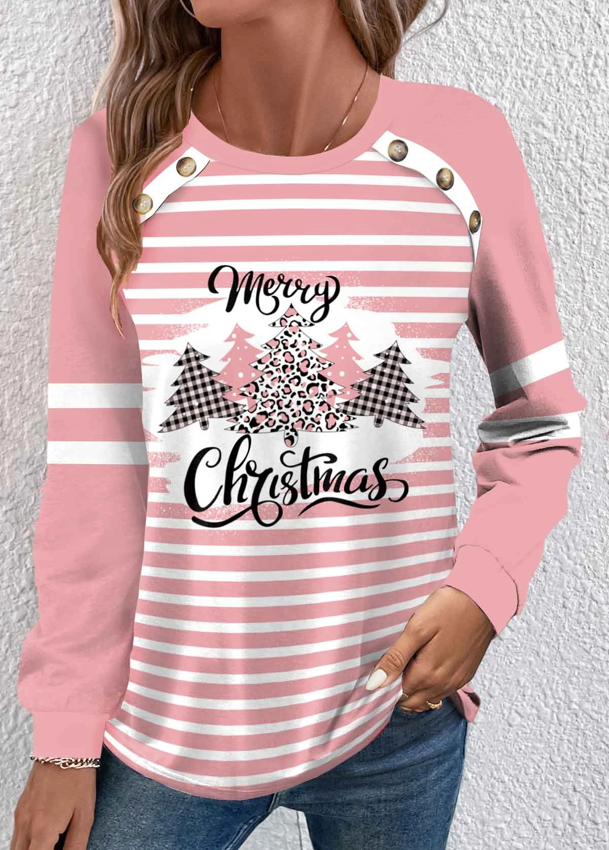 Pink Button Christmas Tree Print Long Sleeve T Shirt 1 Pink Button Christmas Tree Print Long Sleeve T Shirt