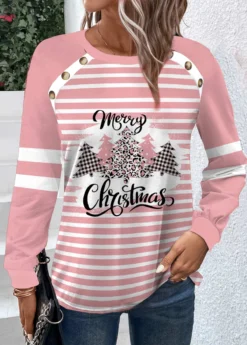Pink Button Christmas Tree Print Long Sleeve T Shirt 5 Pink Button Christmas Tree Print Long Sleeve T Shirt -LICA Clothing Shop 345909 P 1698827620793